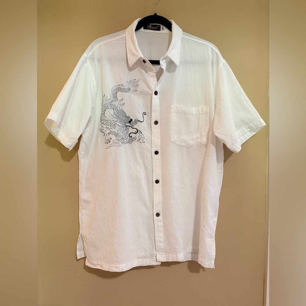 Asian Inspired Dragon Embroidery White Short-Sleeve Button-Up Shirt 2XL